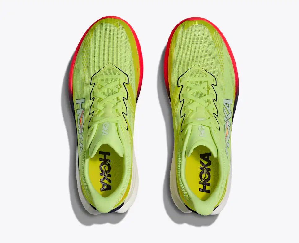 hoka mach x 3 for men, pebax plated speed and tempo road running shoe for training runs, neon green with black and red details on white sole, top view of shoes