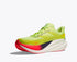 hoka mach x 3 for men, pebax plated speed and tempo road running shoe for training runs, neon green with black and red details on white sole, side profile of shoe