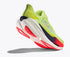 hoka mach x 3 for men, pebax plated speed and tempo road running shoe for training runs, neon green with black and red details on white sole, side profile of shoe and sole