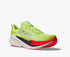 hoka mach x 3 for men, pebax plated speed and tempo road running shoe for training runs, neon green with black and red details on white sole, side profile of shoe