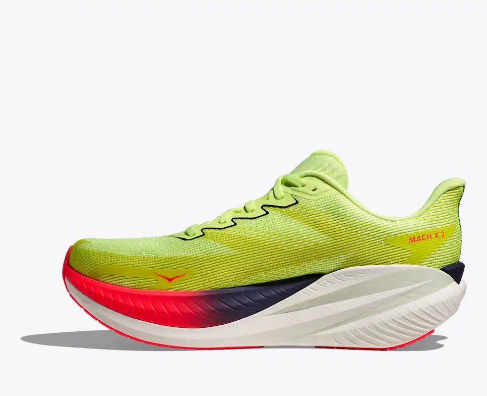 hoka mach x 3 for men, pebax plated speed and tempo road running shoe for training runs, neon green with black and red details on white sole, side profile of shoe