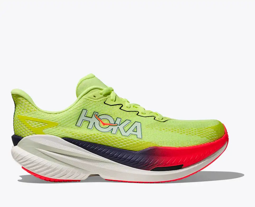 hoka mach x 3 for men, pebax plated speed and tempo road running shoe for training runs, neon green with black and red details on white sole, side profile of shoe