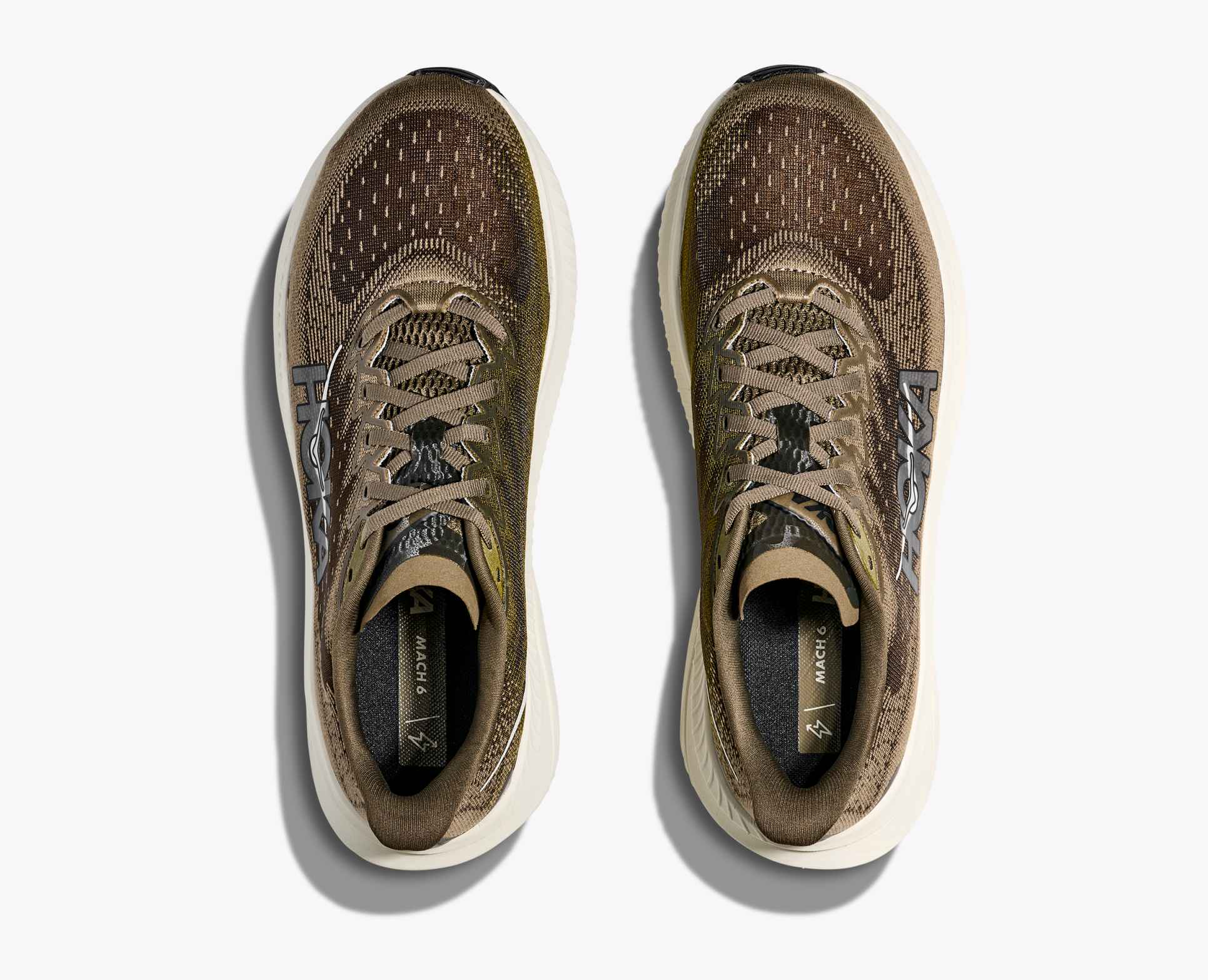 hoka mach 6 running shoes, pair of shoes in antique truffle colour