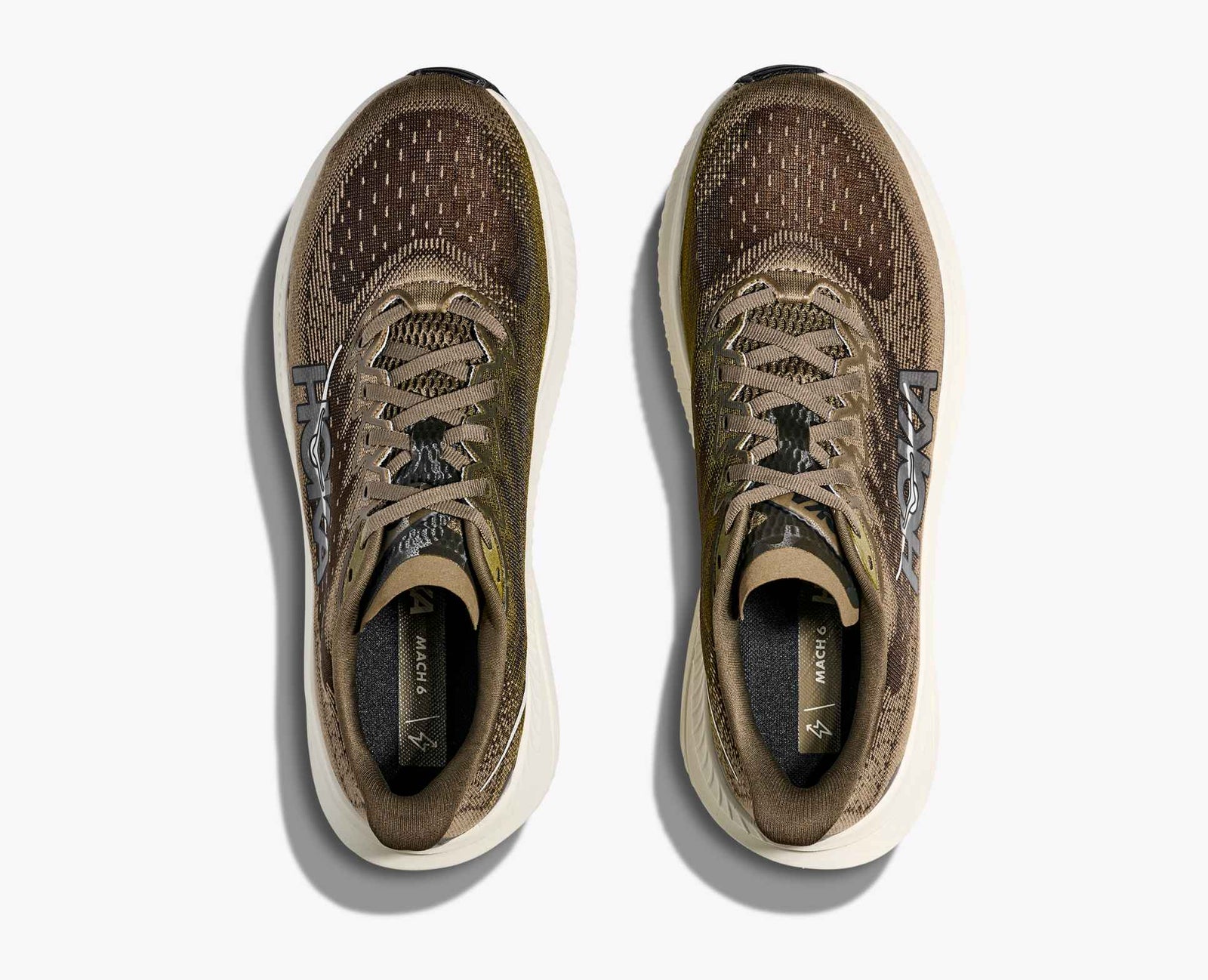 hoka mach 6 running shoes, pair of shoes in antique truffle colour