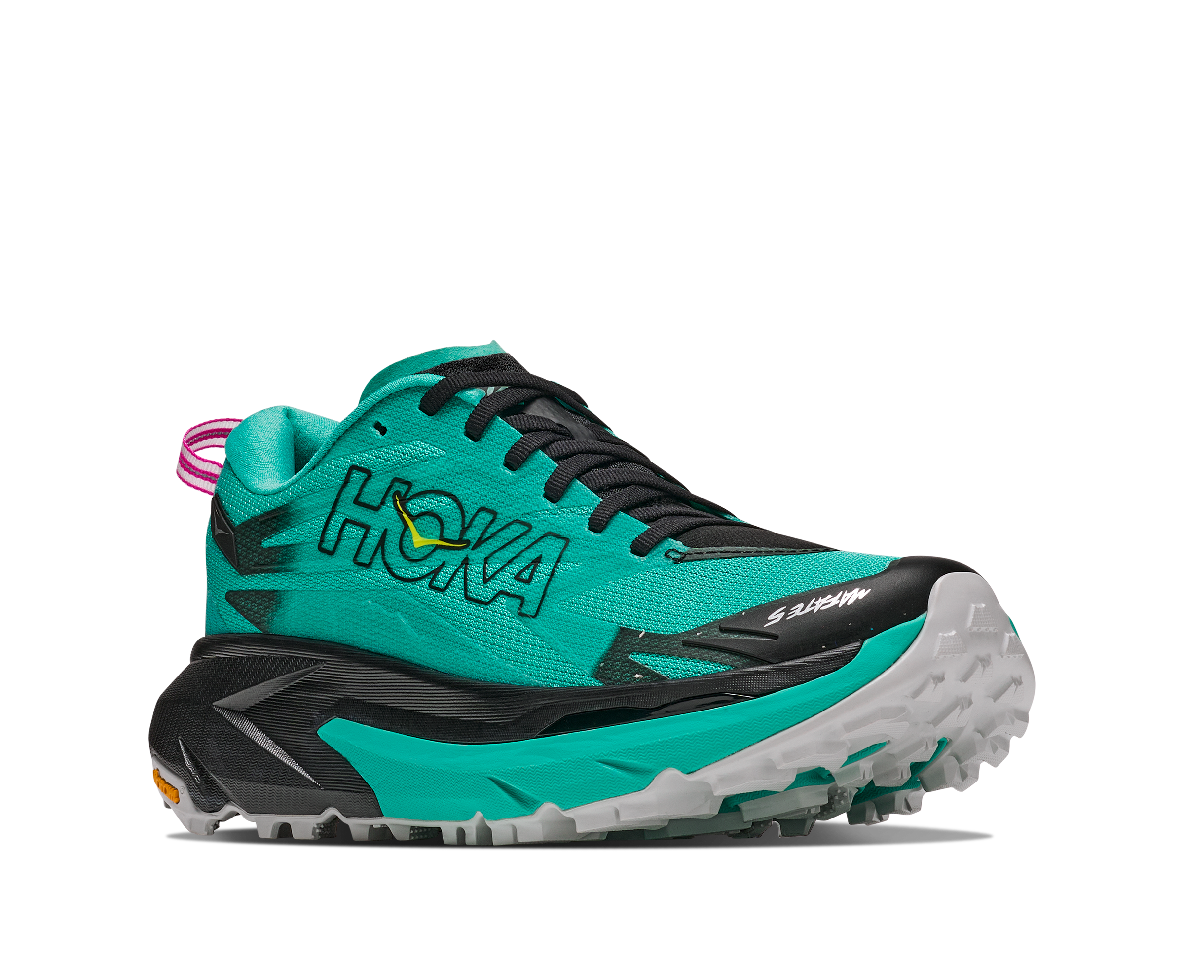 Hoka Mafate 5 for women, technical trail running shoes with cushioning, teal colour with black and pink details, angled profile of shoes