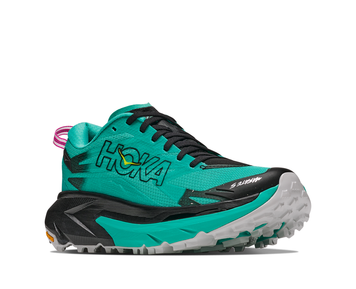 Hoka Mafate 5 for women, technical trail running shoes with cushioning, teal colour with black and pink details, angled profile of shoes
