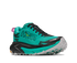 Hoka Mafate 5 for women, technical trail running shoes with cushioning, teal colour with black and pink details, angled profile of shoes
