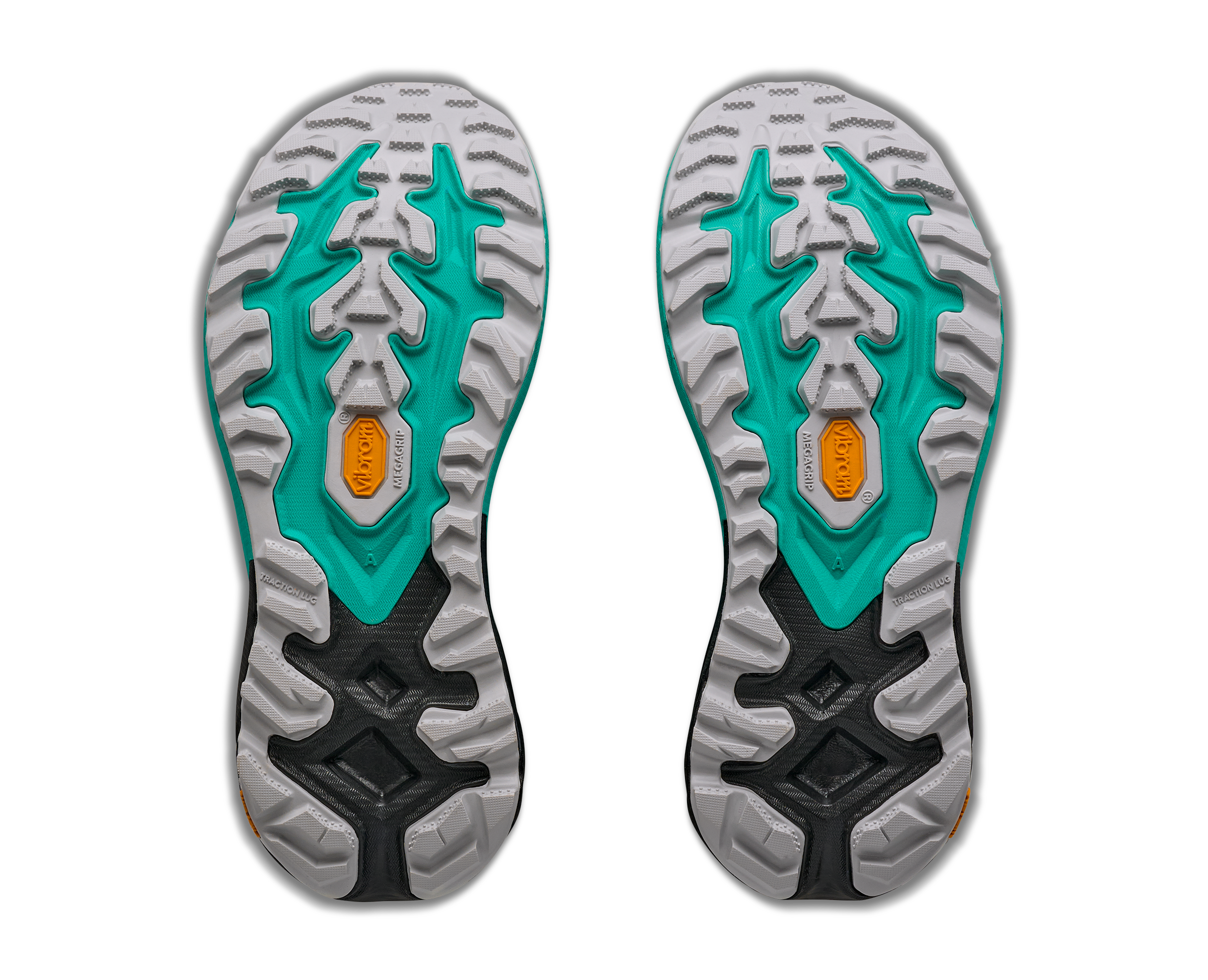 Hoka Mafate 5 for women, technical trail running shoes with cushioning, teal colour with black and pink details, soles of shoes