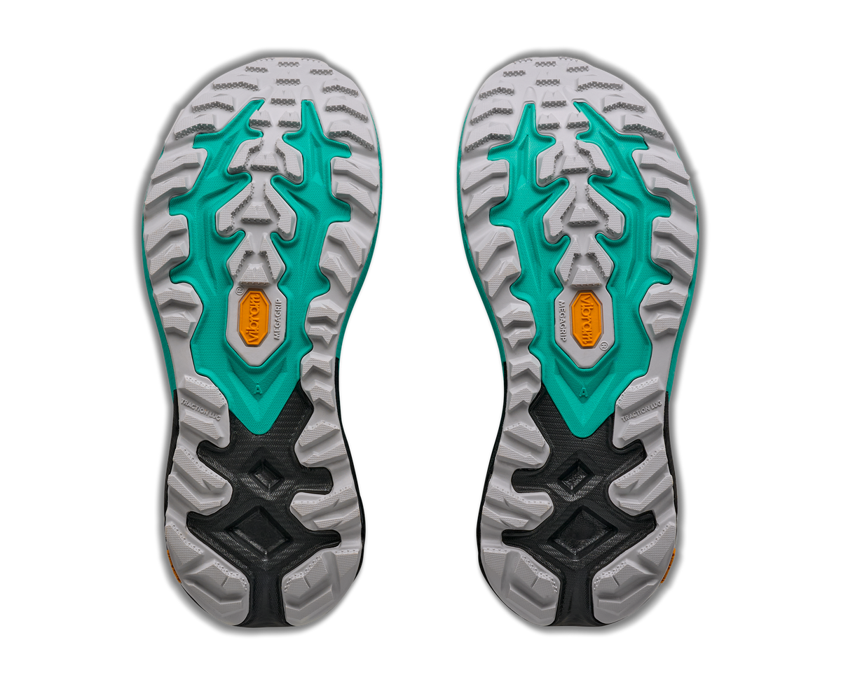 Hoka Mafate 5 for women, technical trail running shoes with cushioning, teal colour with black and pink details, soles of shoes