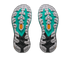 Hoka Mafate 5 for women, technical trail running shoes with cushioning, teal colour with black and pink details, soles of shoes