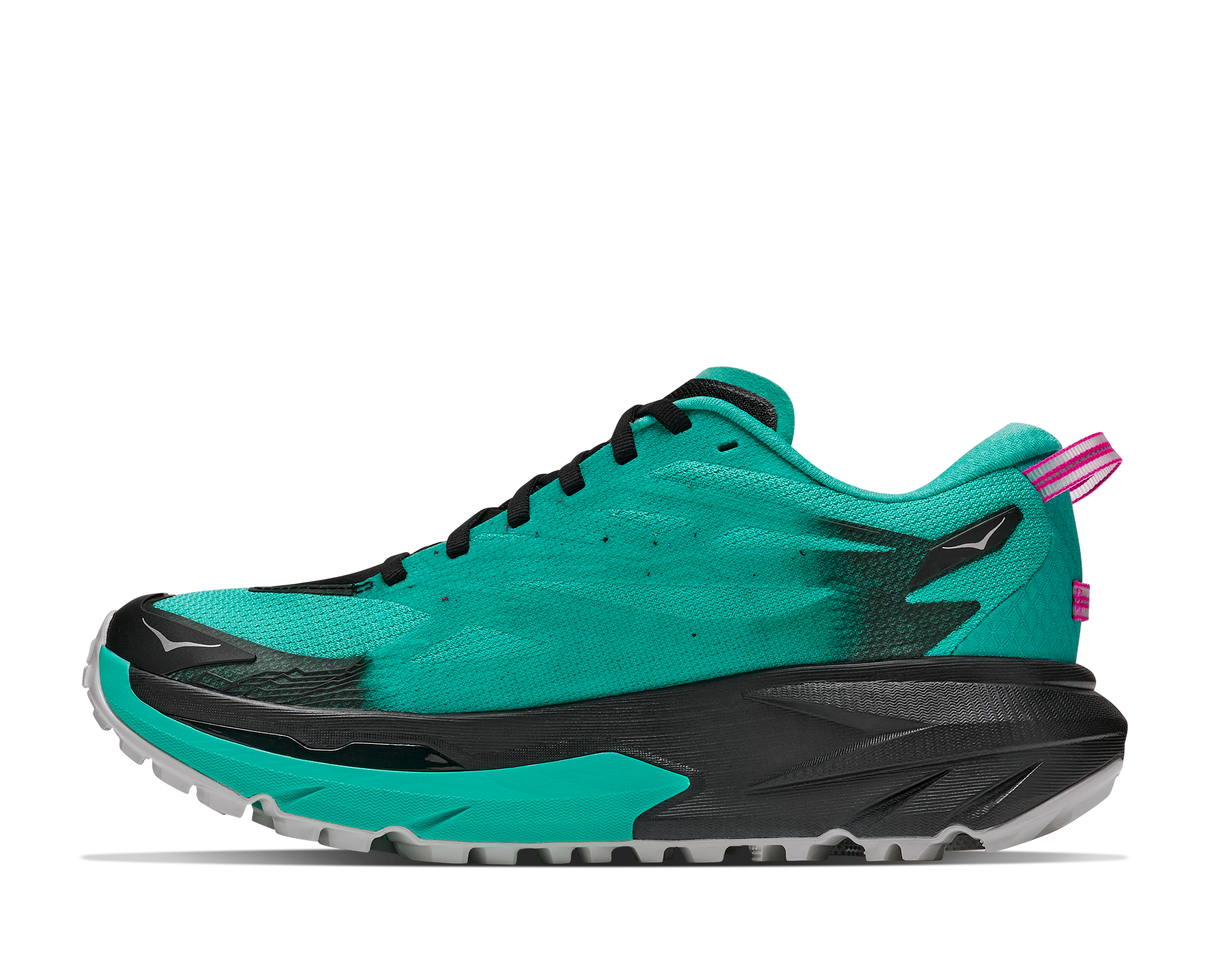 Hoka Mafate 5 for women, technical trail running shoes with cushioning, teal colour with black and pink details, inside profile of shoes