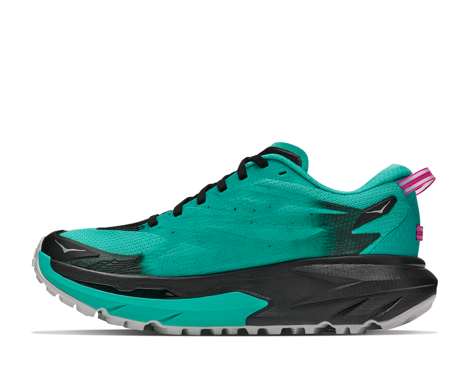 Hoka Mafate 5 for women, technical trail running shoes with cushioning, teal colour with black and pink details, inside profile of shoes