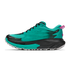 Hoka Mafate 5 for women, technical trail running shoes with cushioning, teal colour with black and pink details, inside profile of shoes