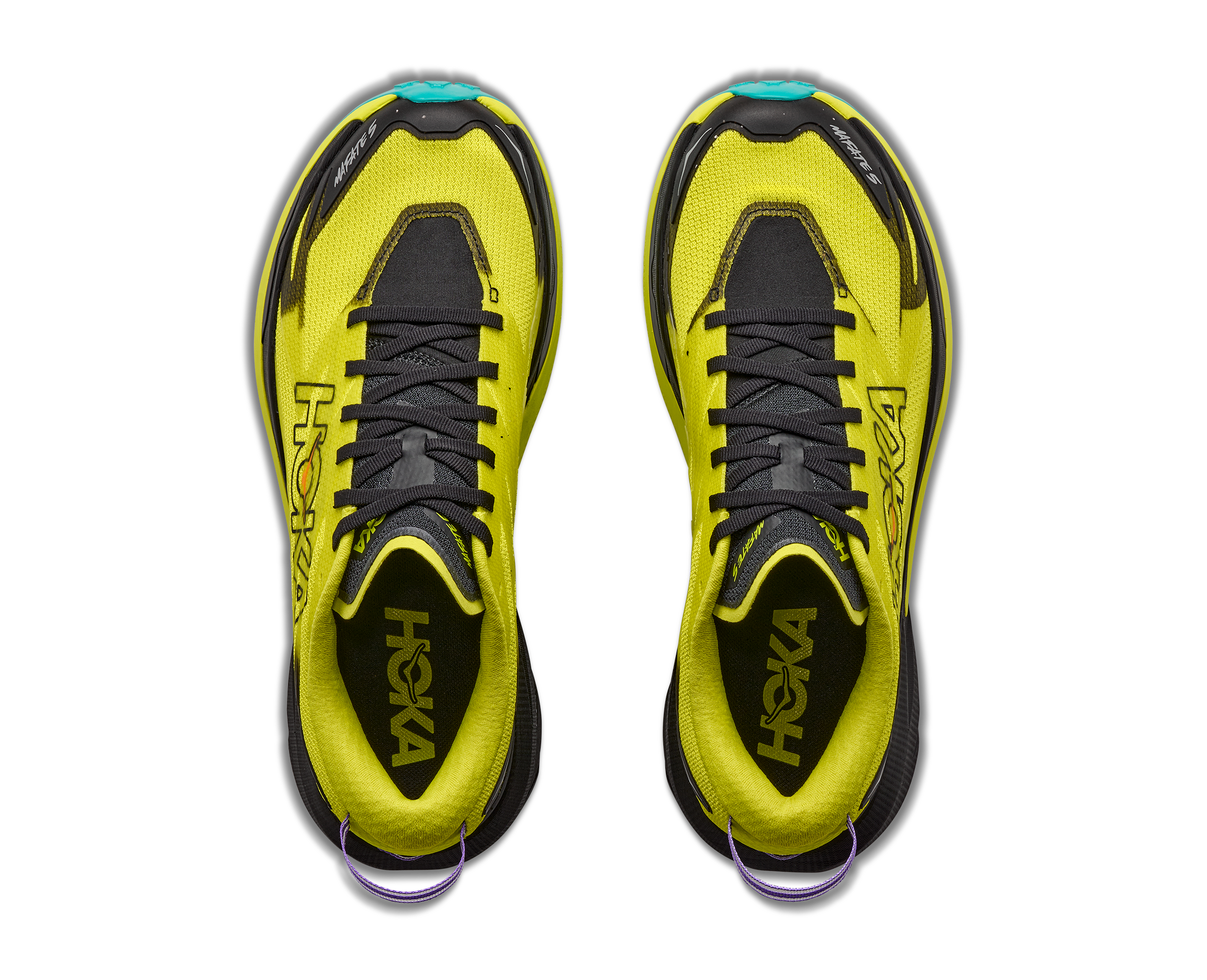 hoka mafate 5 mens, technical trail running shoes with cushioning, neon green with black and teal details, top down  view
