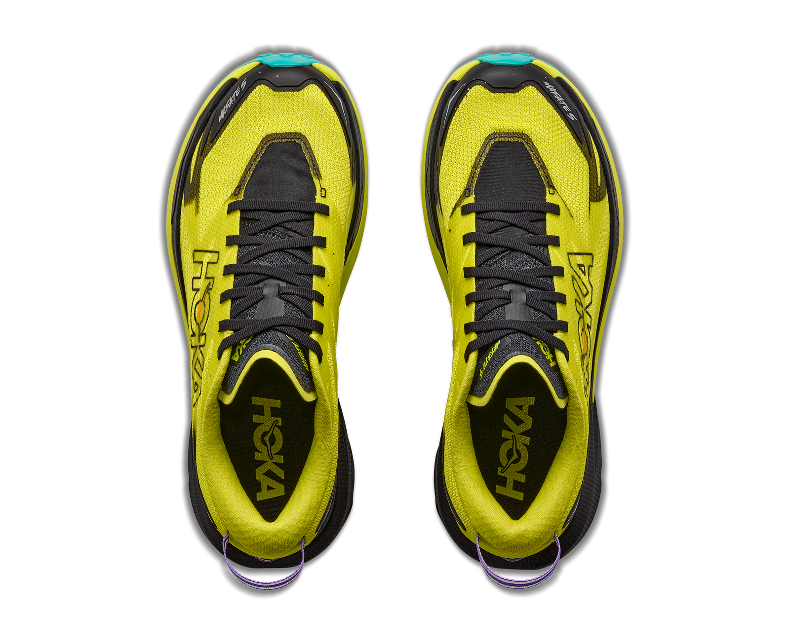 hoka mafate 5 mens, technical trail running shoes with cushioning, neon green with black and teal details, top down  view