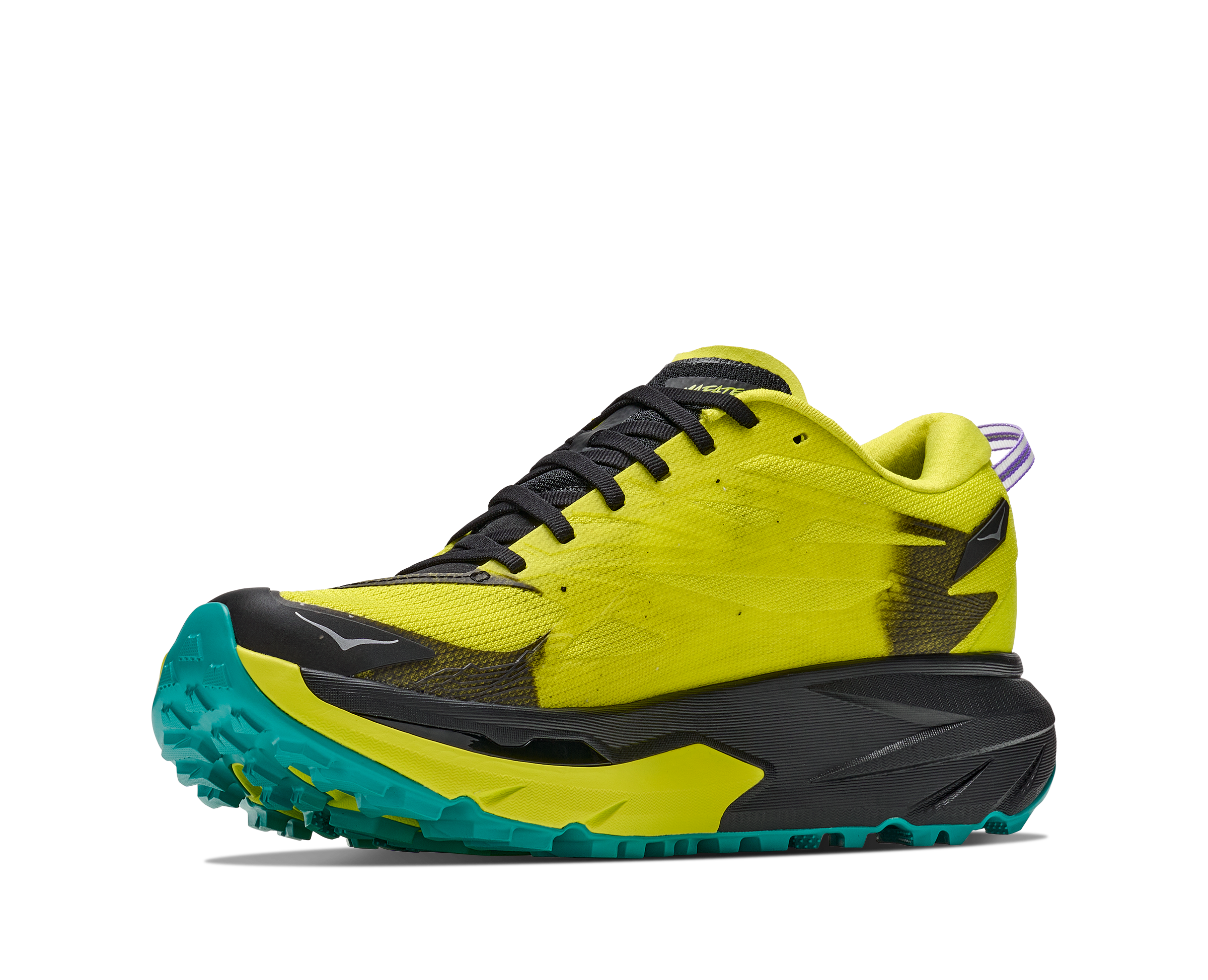 hoka mafate 5 mens, technical trail running shoes with cushioning, neon green with black and teal details, inside angled profile of shoe
