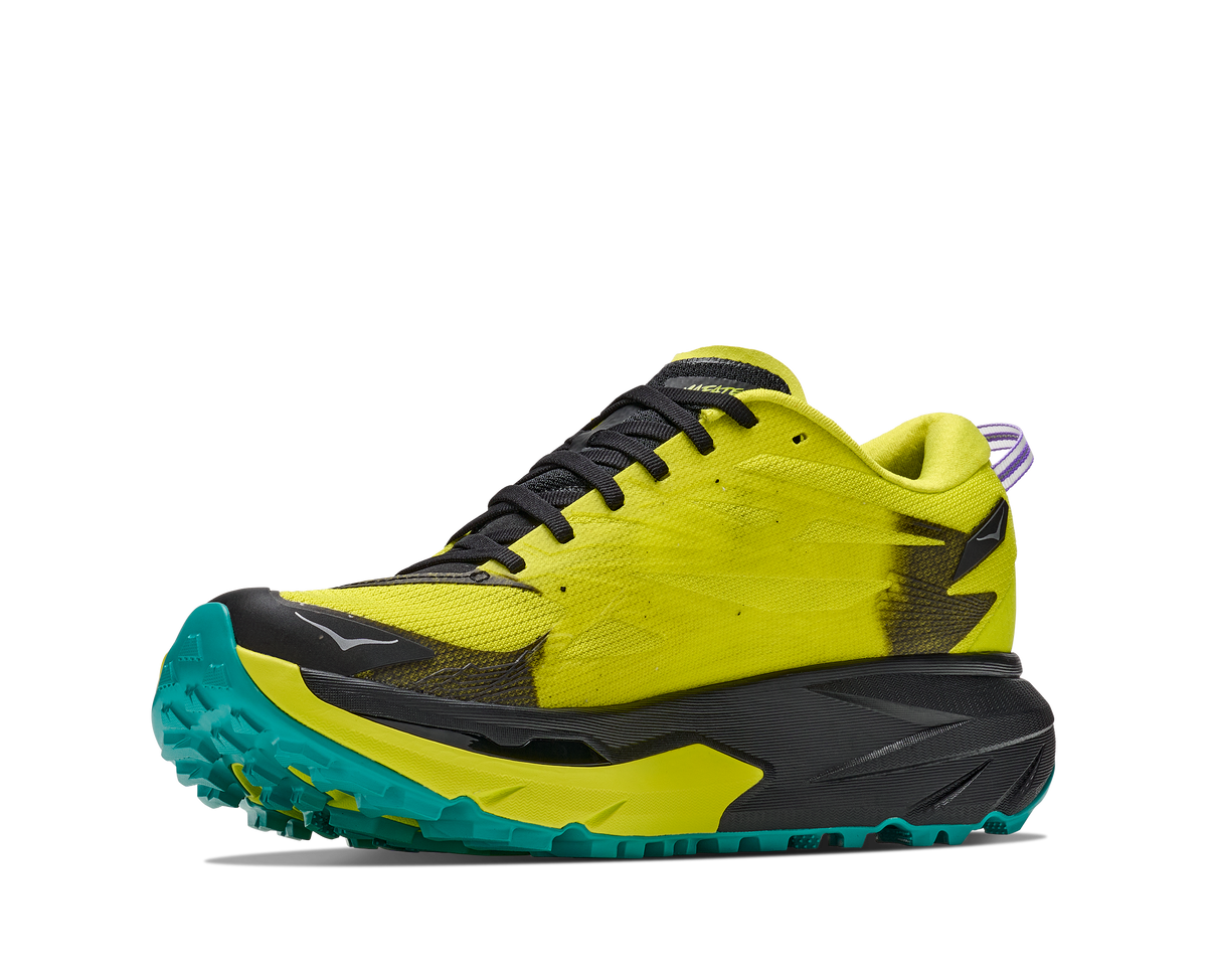 hoka mafate 5 mens, technical trail running shoes with cushioning, neon green with black and teal details, inside angled profile of shoe
