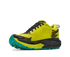 hoka mafate 5 mens, technical trail running shoes with cushioning, neon green with black and teal details, inside angled profile of shoe