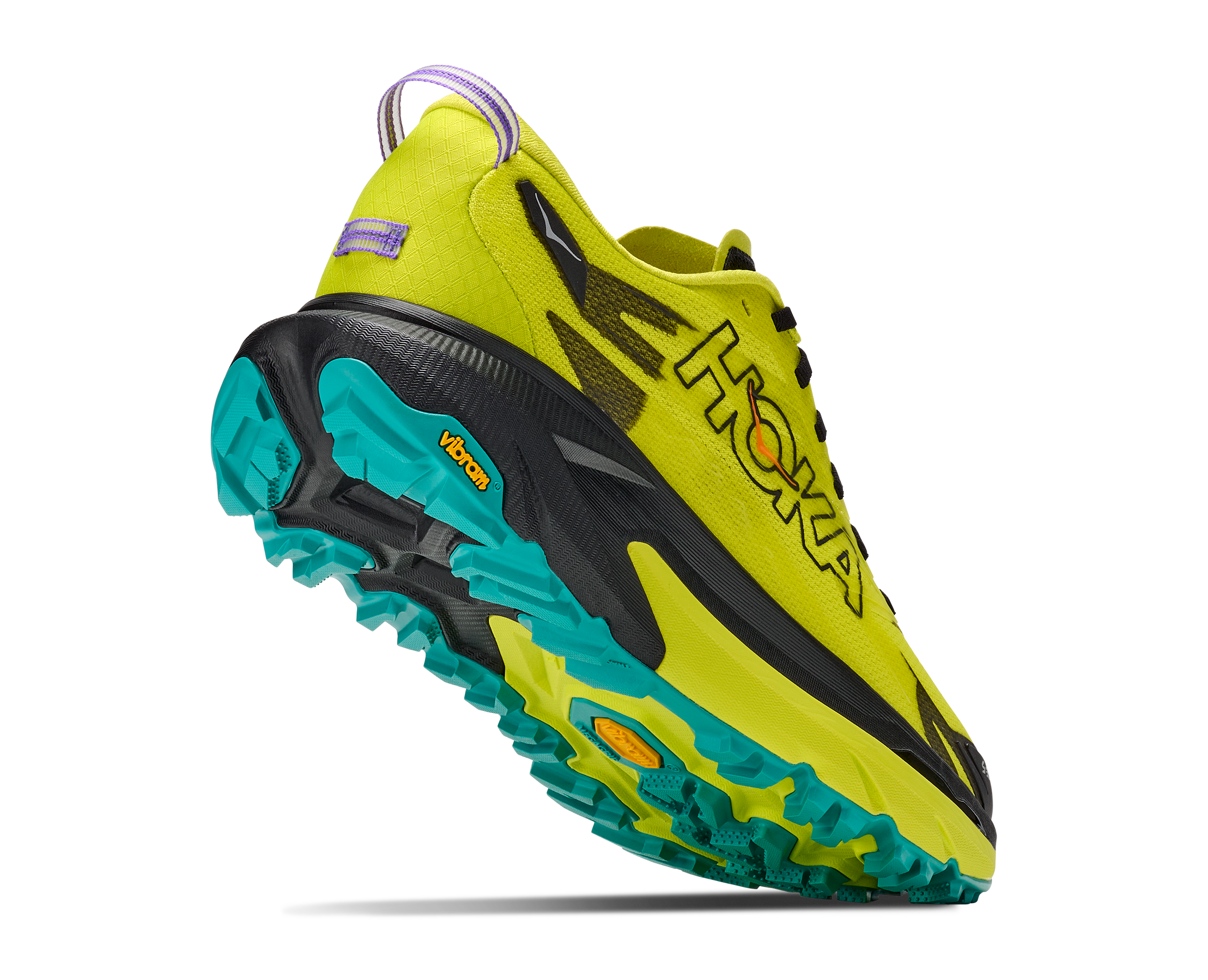 hoka mafate 5 mens, technical trail running shoes with cushioning, neon green with black and teal details, lifted heel of shoe