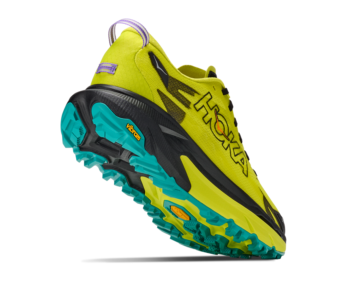 hoka mafate 5 mens, technical trail running shoes with cushioning, neon green with black and teal details, lifted heel of shoe