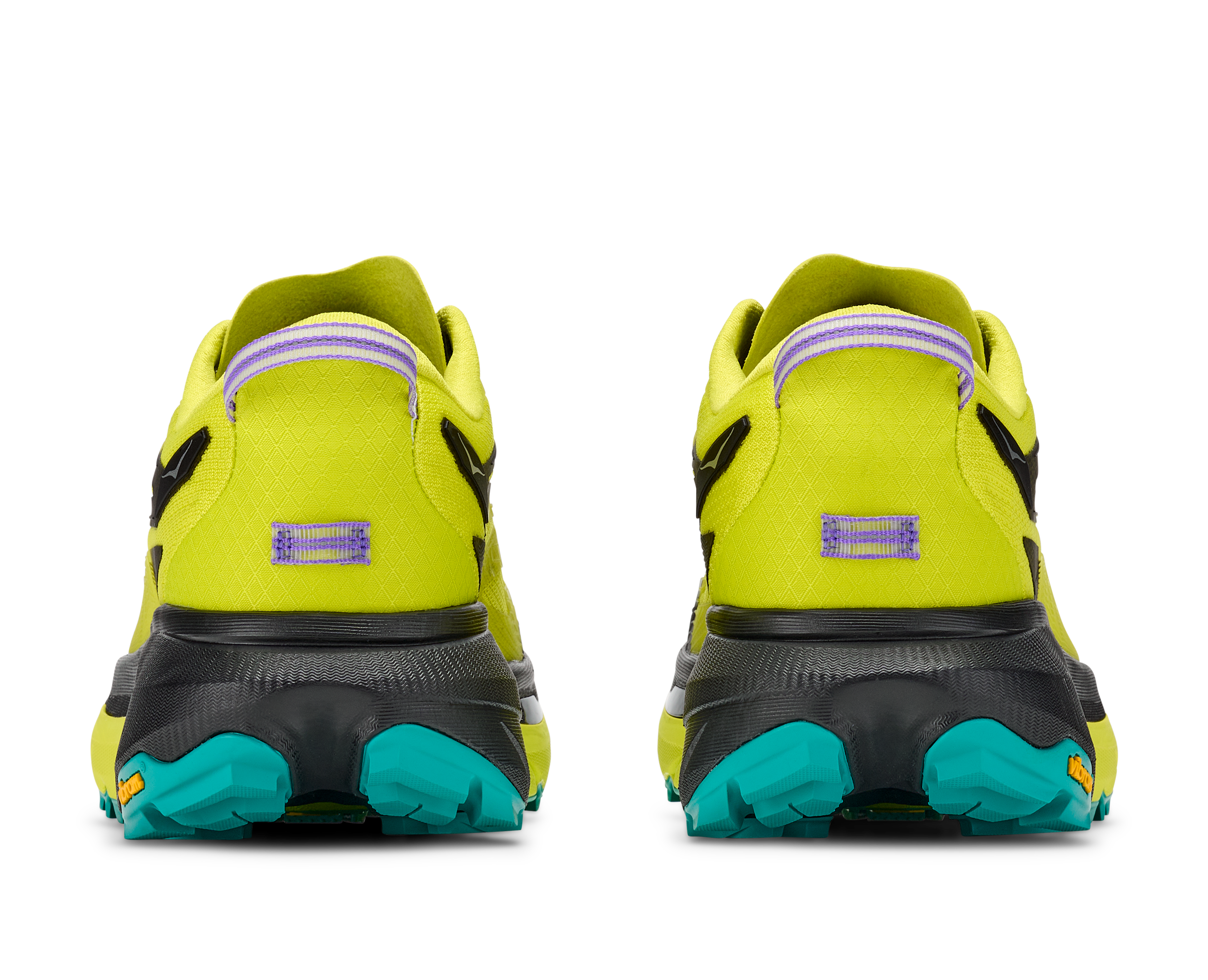 hoka mafate 5 mens, technical trail running shoes with cushioning, neon green with black and teal details, back heels of shoes