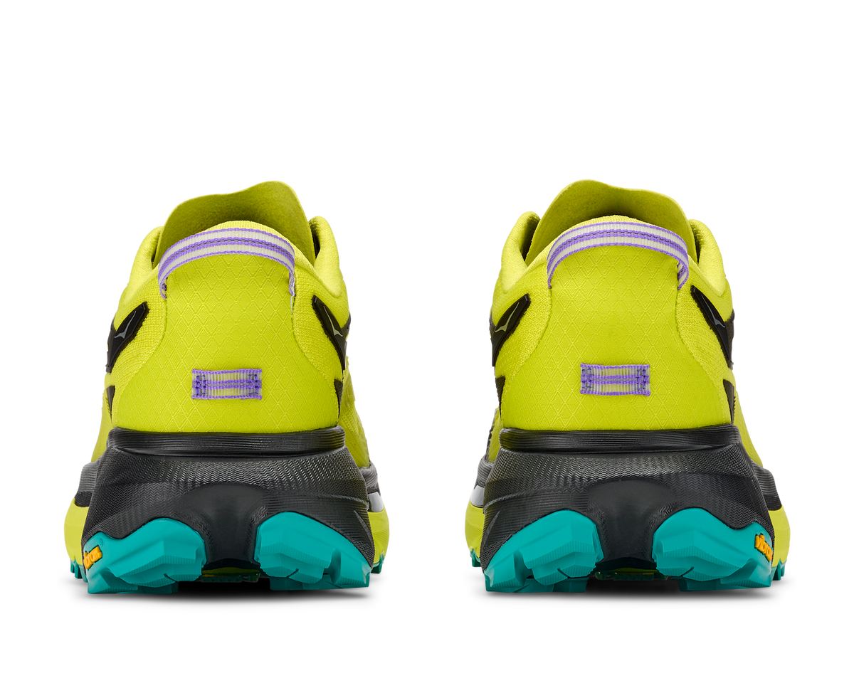 hoka mafate 5 mens, technical trail running shoes with cushioning, neon green with black and teal details, back heels of shoes