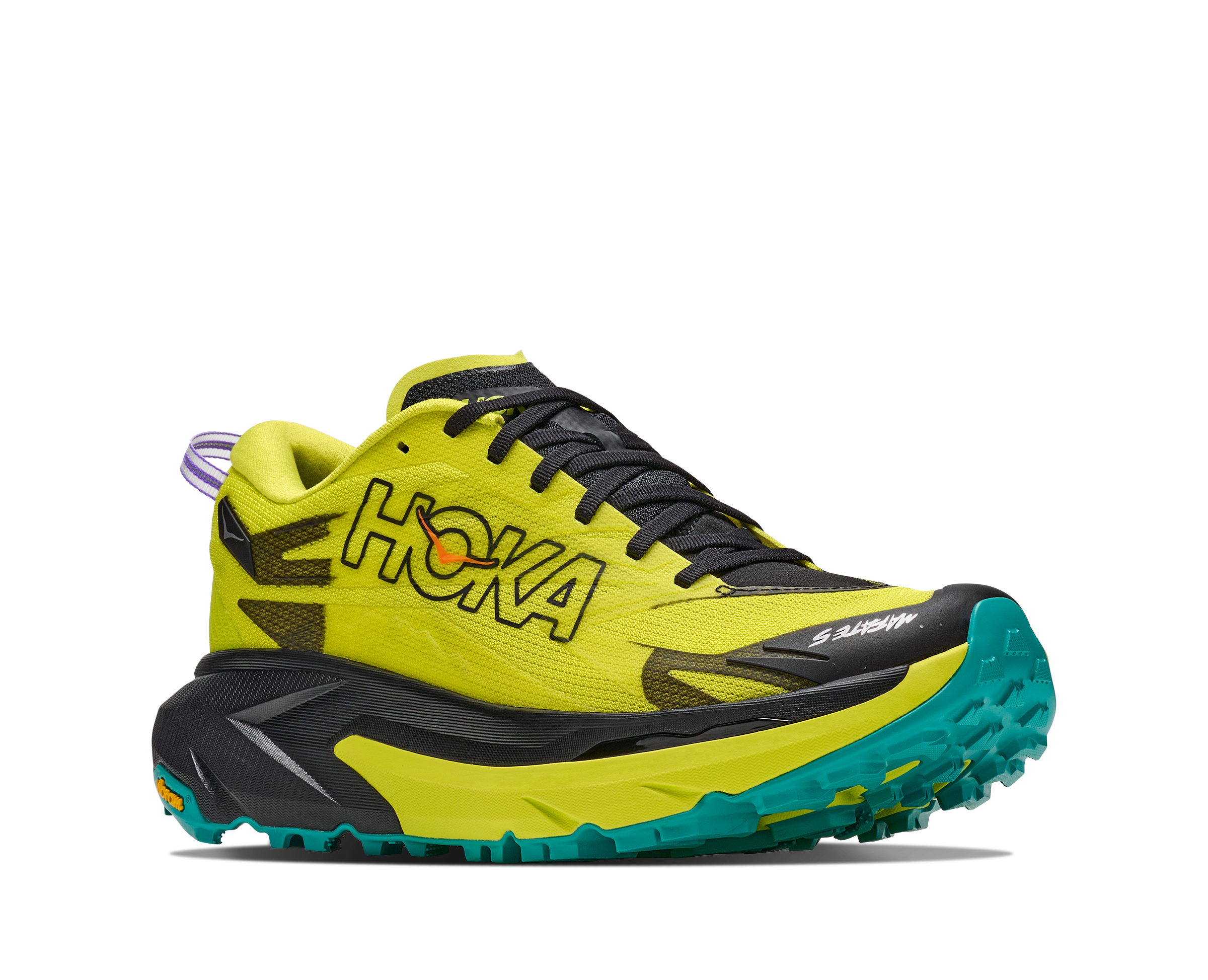 hoka mafate 5 mens, technical trail running shoes with cushioning, neon green with black and teal details, outside angled profile