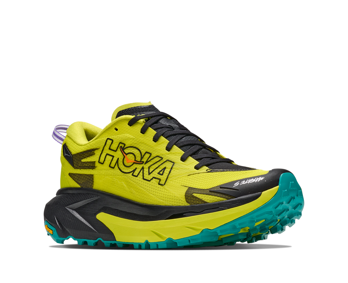 hoka mafate 5 mens, technical trail running shoes with cushioning, neon green with black and teal details, outside angled profile