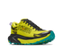 hoka mafate 5 mens, technical trail running shoes with cushioning, neon green with black and teal details, outside angled profile