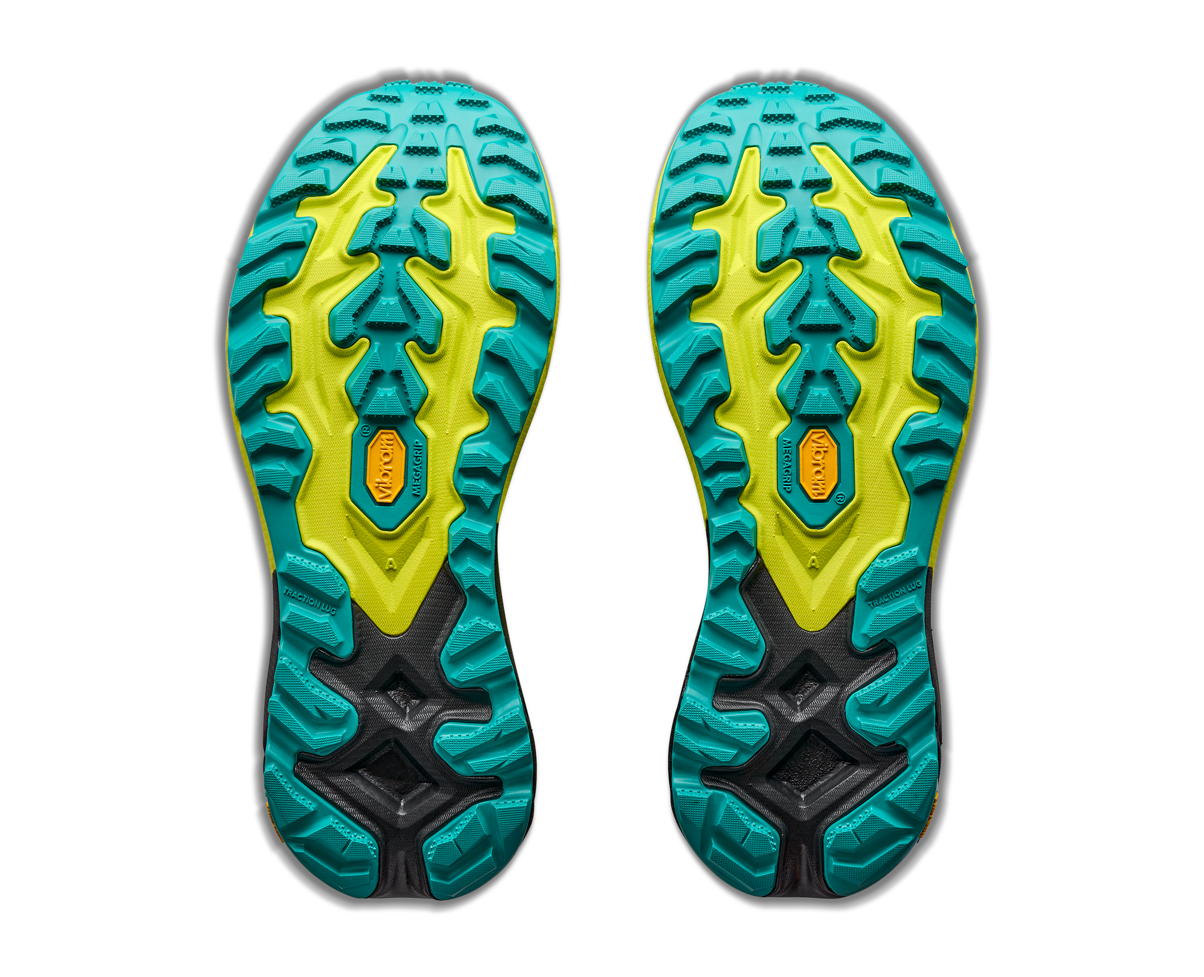 hoka mafate 5 mens, technical trail running shoes with cushioning, neon green with black and teal details, sole of shoes