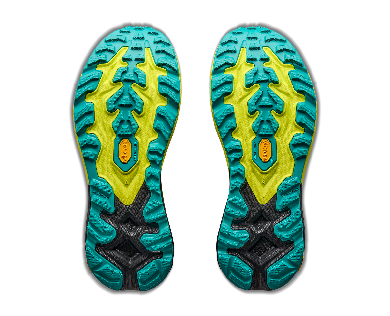 hoka mafate 5 mens, technical trail running shoes with cushioning, neon green with black and teal details, sole of shoes