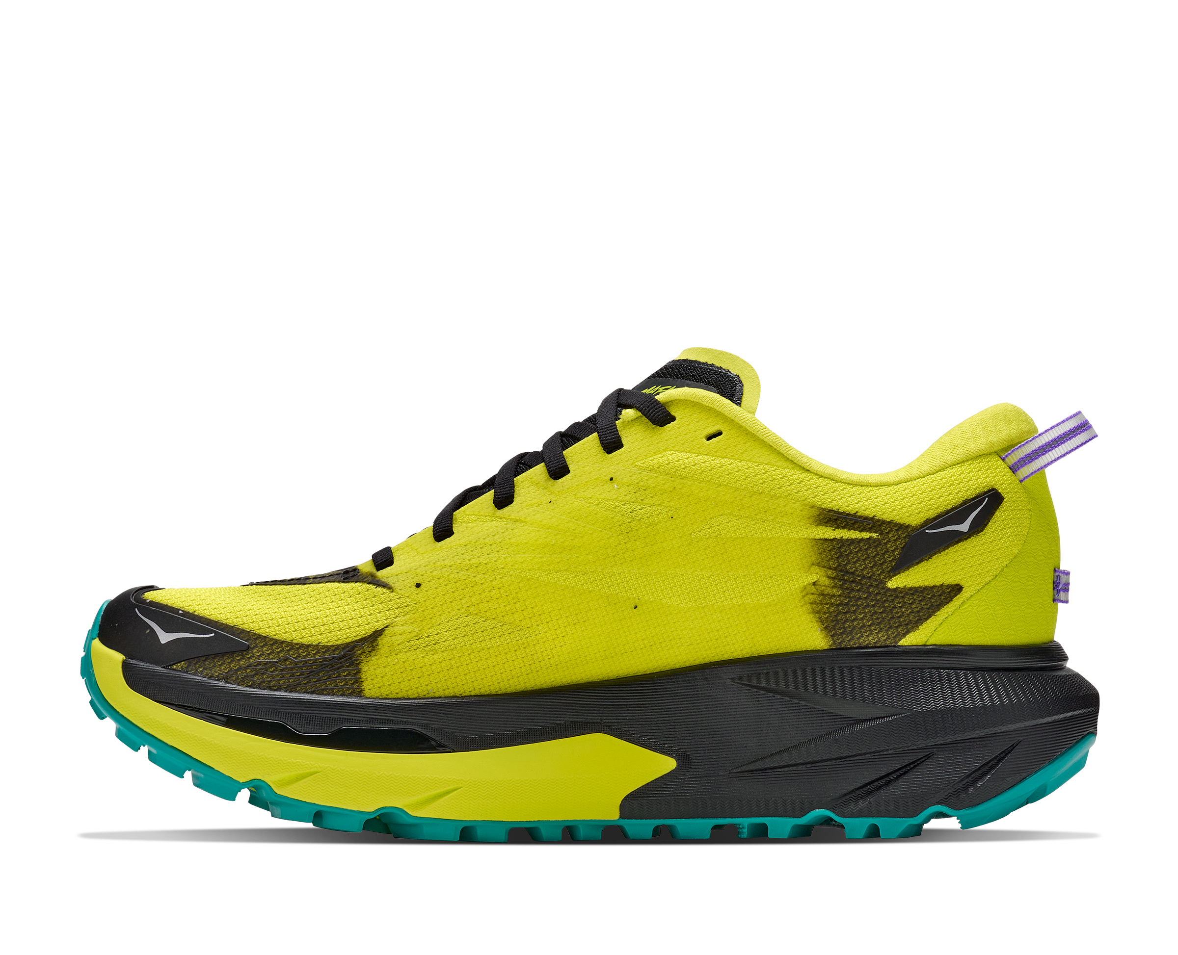 hoka mafate 5 mens, technical trail running shoes with cushioning, neon green with black and teal details, inside profile of shoes