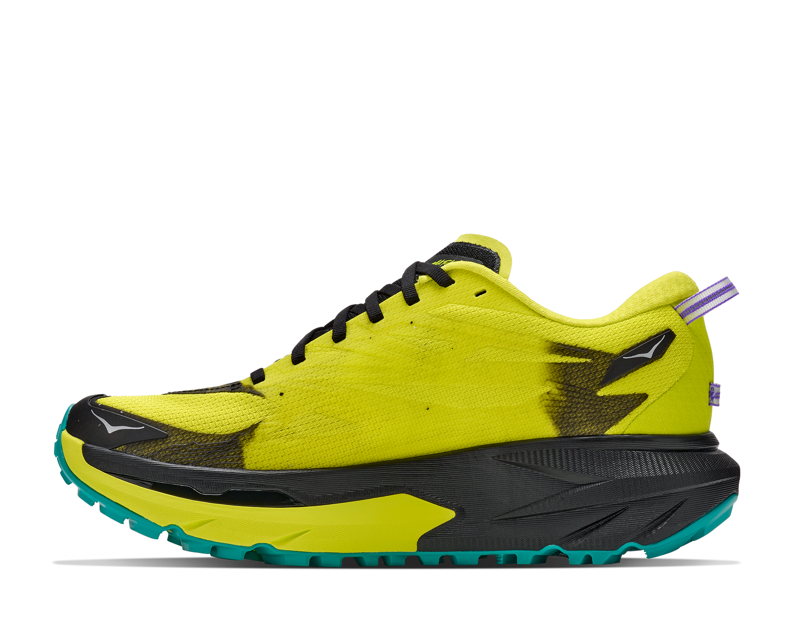 hoka mafate 5 mens, technical trail running shoes with cushioning, neon green with black and teal details, inside profile of shoes