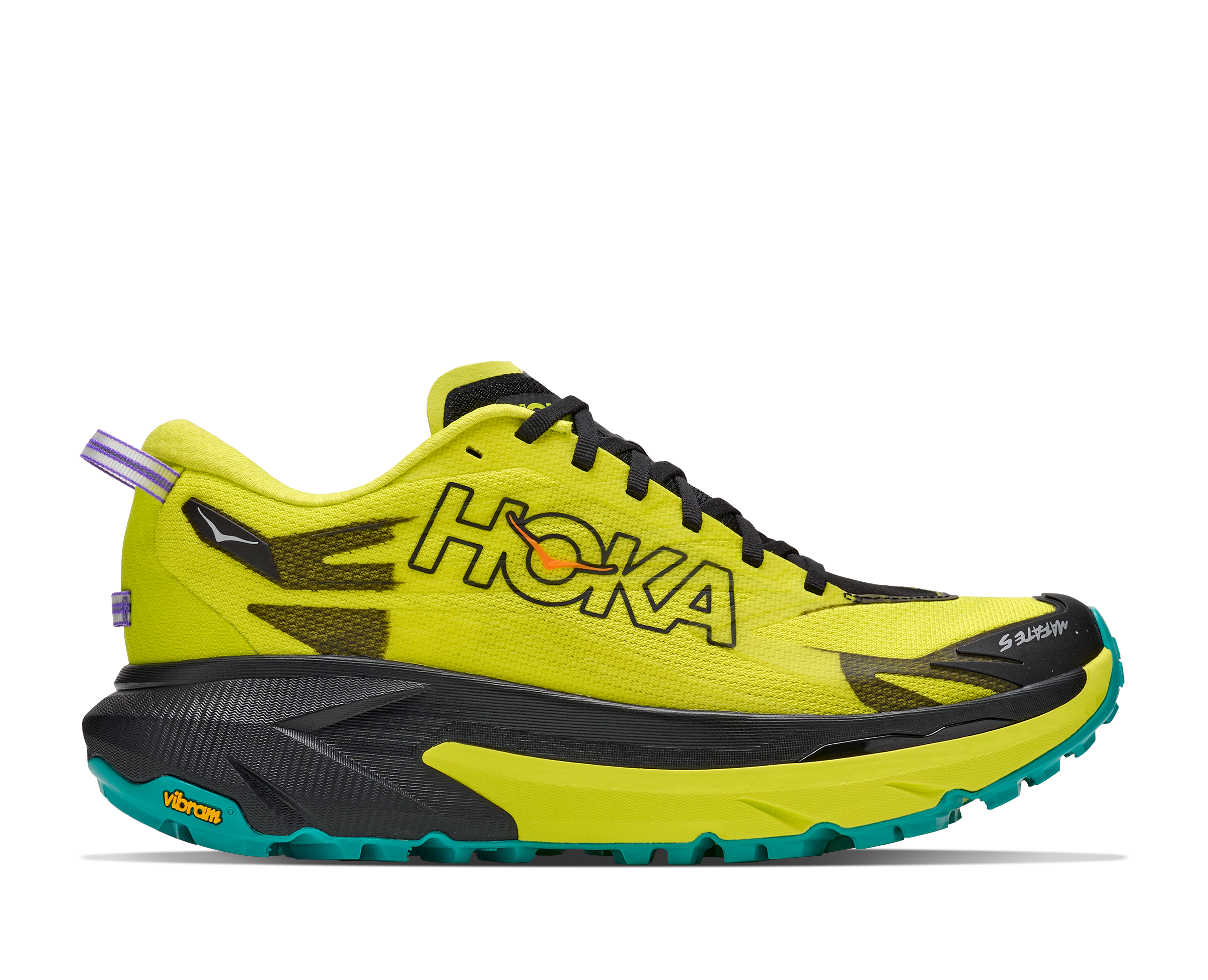 hoka mafate 5 mens, technical trail running shoes with cushioning, neon green with black and teal details, side profile of shoes