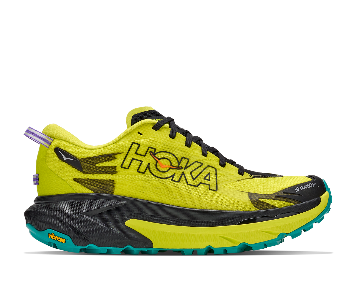 hoka mafate 5 mens, technical trail running shoes with cushioning, neon green with black and teal details, side profile of shoes