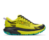 hoka mafate 5 mens, technical trail running shoes with cushioning, neon green with black and teal details, side profile of shoes