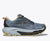 hoka mafate 5 for men, super cushioned trail running shoe with vibram grip, light greyish blue with black sole, side profile of shoe