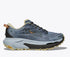 hoka mafate 5 for men, super cushioned trail running shoe with vibram grip, light greyish blue with black sole, side profile of shoe