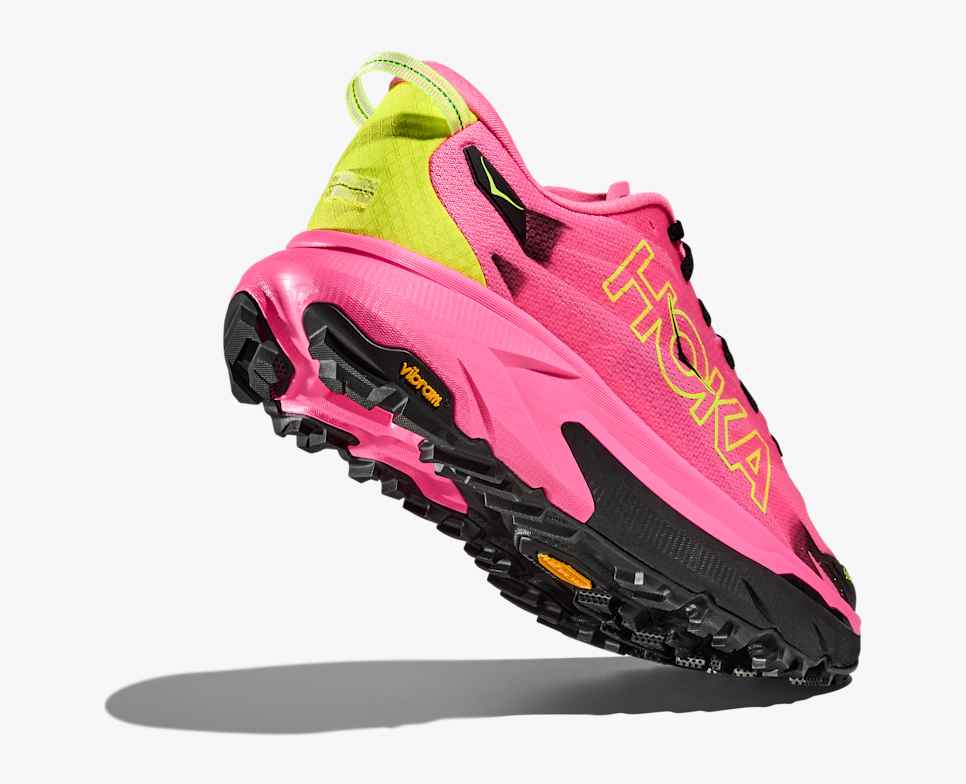 hoka mafate 5 for men, protective cushioned trail running shoe, pink with lime green and black details, lifted heel of shoe with black and pink sole