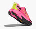 hoka mafate 5 for men, protective cushioned trail running shoe, pink with lime green and black details, lifted heel of shoe with black and pink sole