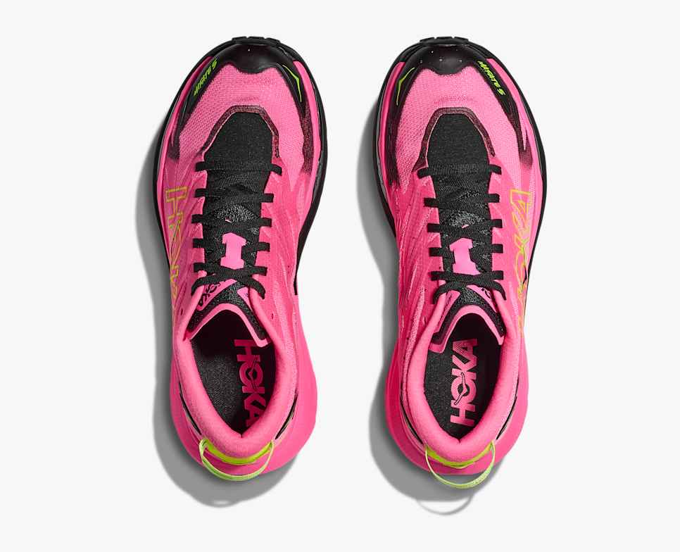 hoka mafate 5 for men, protective cushioned trail running shoe, pink with lime green and black details, top down view of pair of pink hoka trail runners