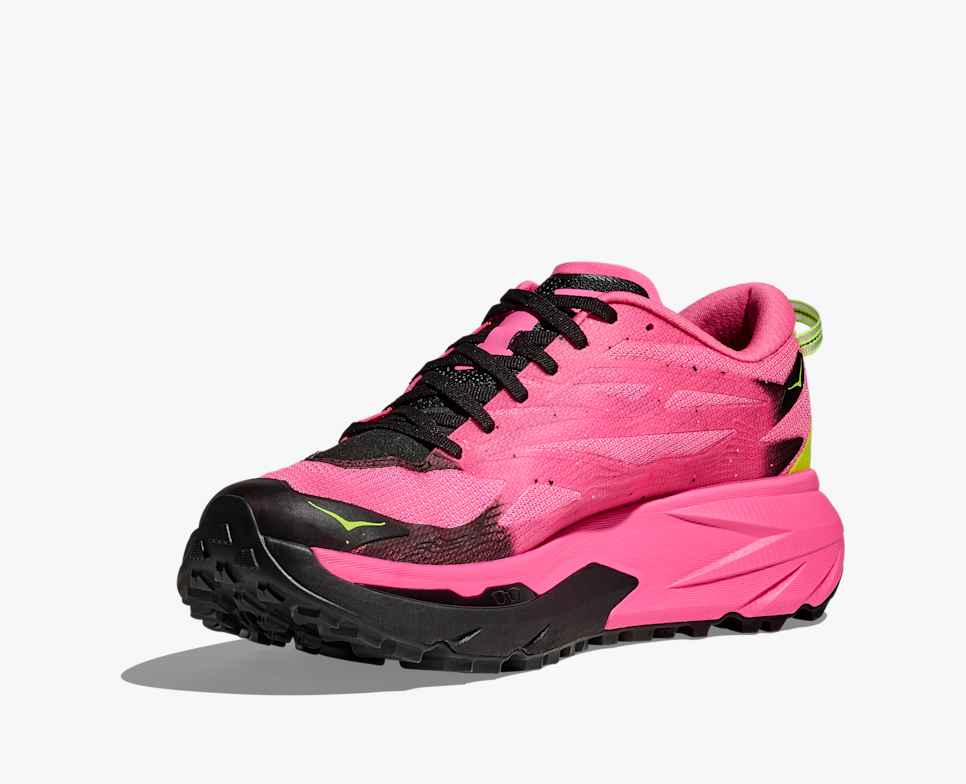 hoka mafate 5 for men, protective cushioned trail running shoe, pink with lime green and black details, inside profile of shoe 