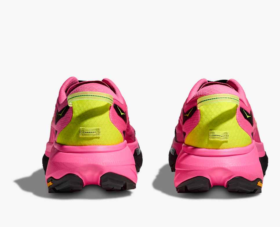 hoka mafate 5 for men, protective cushioned trail running shoe, pink with lime green and black details, heels of pair of shoes with lime green details
