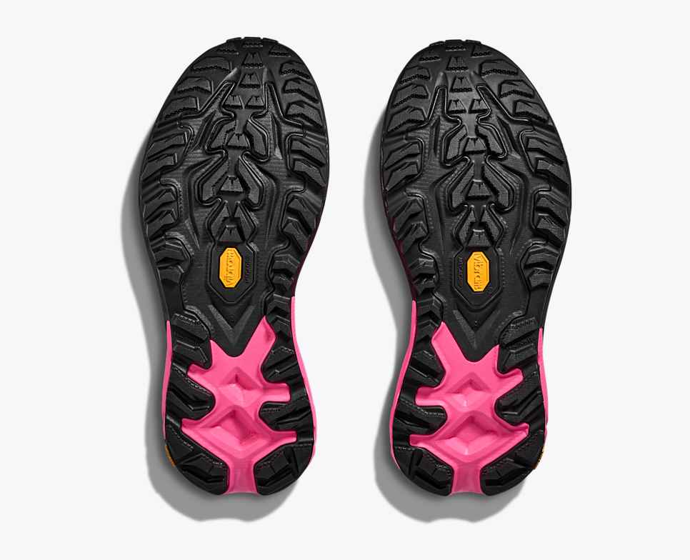hoka mafate 5 for men, protective cushioned trail running shoe, pink with lime green and black details, bottom sole of shoe