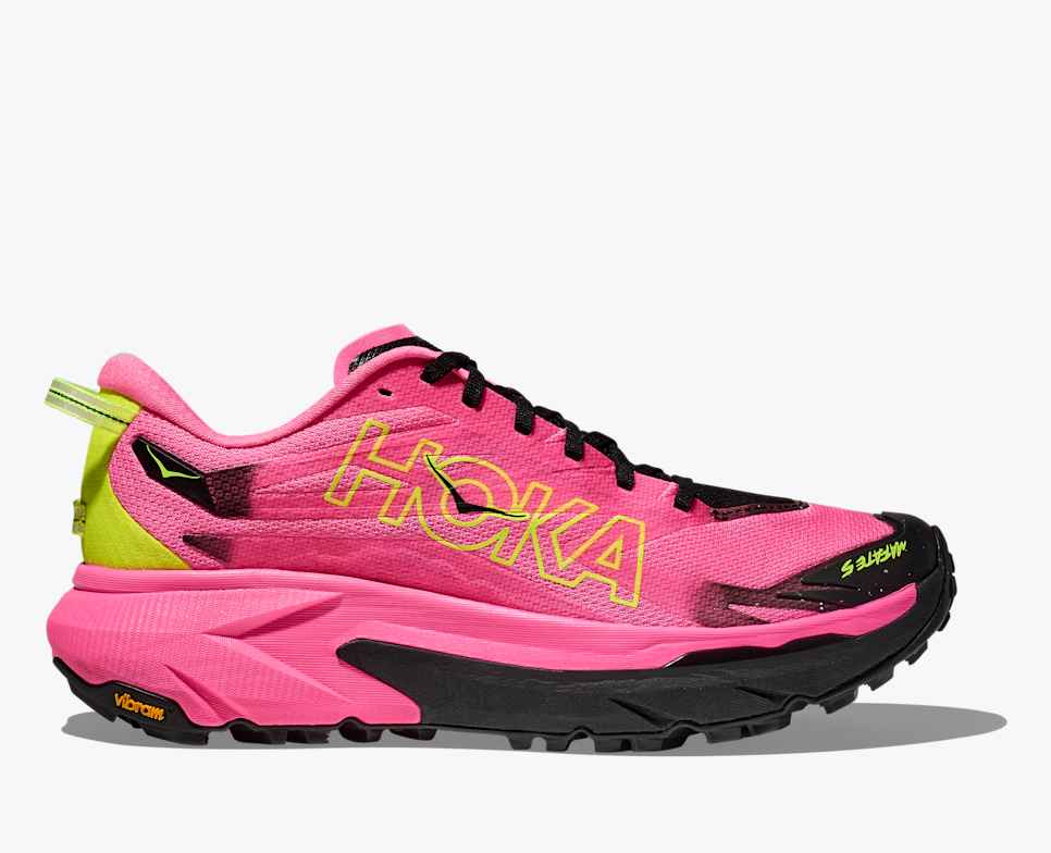 hoka mafate 5 for men, protective cushioned trail running shoe, pink with lime green and black details, side profile of shoe with 'hoka' logo