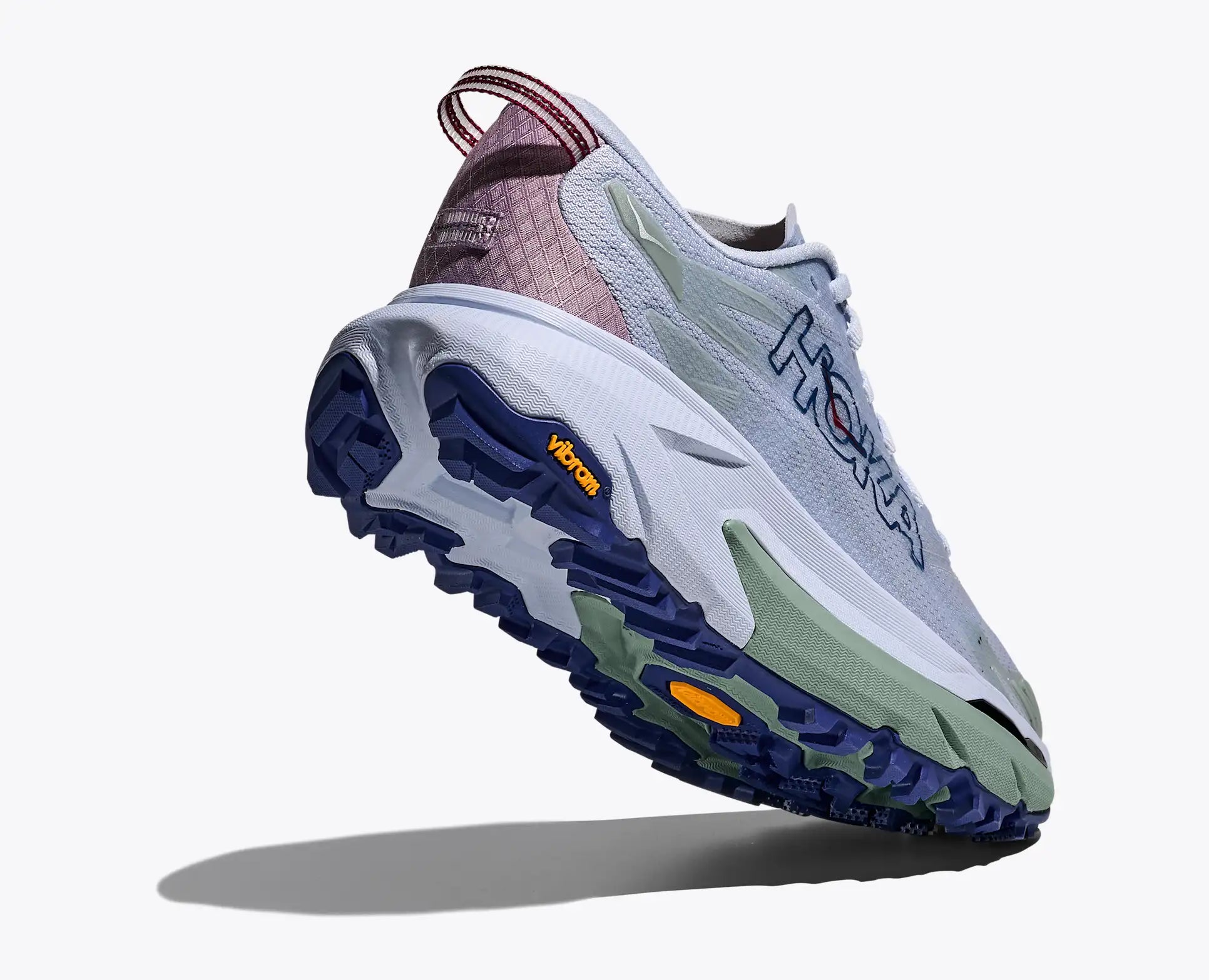 hoka mafate 5, trail running shoe for women, blue with green colour - ambient blue, rosemary, tilted view with sole