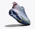 hoka mafate 5, trail running shoe for women, blue with green colour - ambient blue, rosemary, tilted view with sole