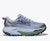 hoka mafate 5, trail running shoe for women, blue with green colour - ambient blue, rosemary, side view with logo
