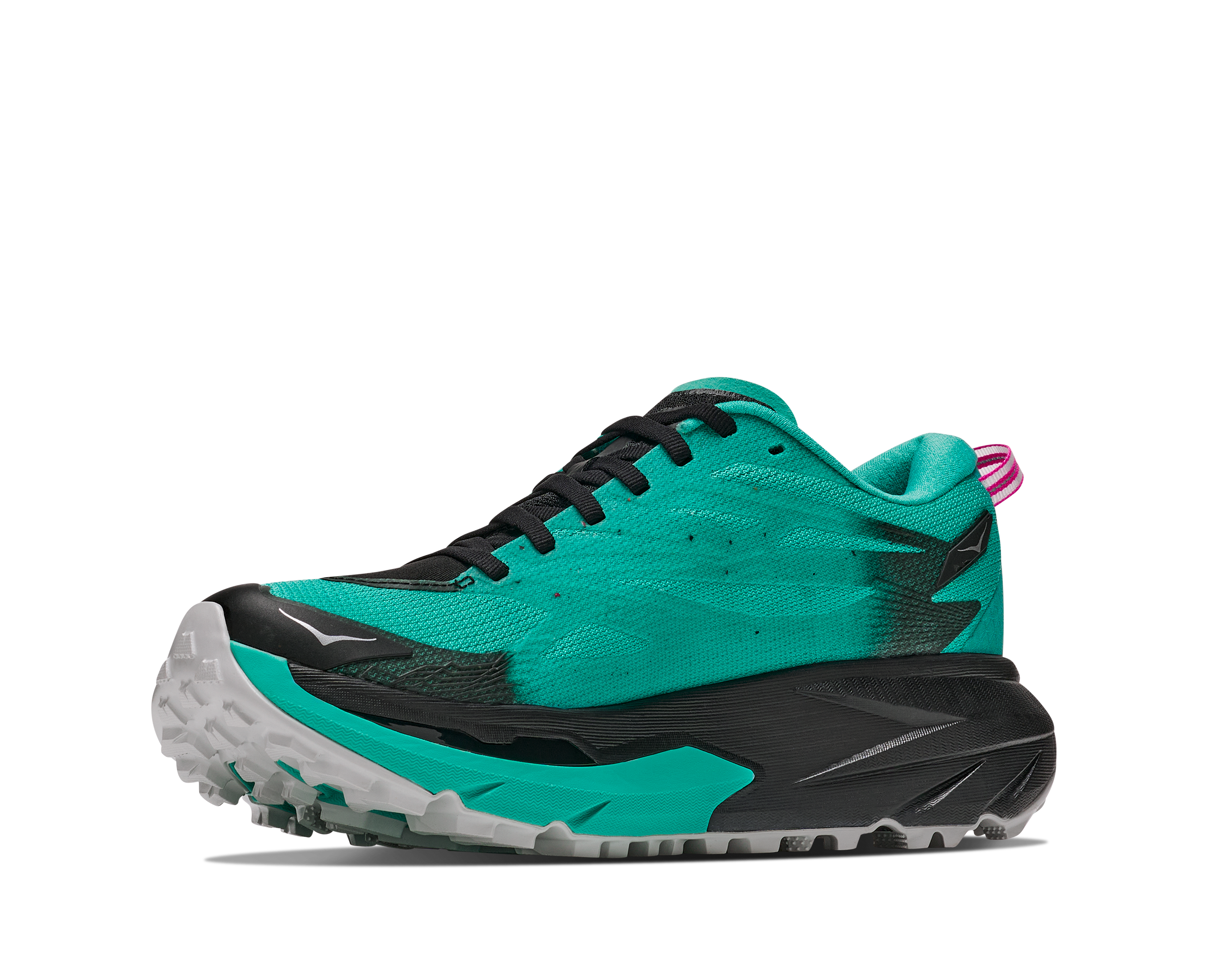 Hoka Mafate 5 for women, technical trail running shoes with cushioning, teal colour with black and pink details, inside angled profile