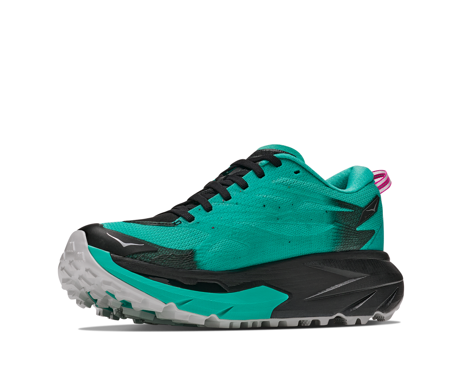 Hoka Mafate 5 for women, technical trail running shoes with cushioning, teal colour with black and pink details, inside angled profile